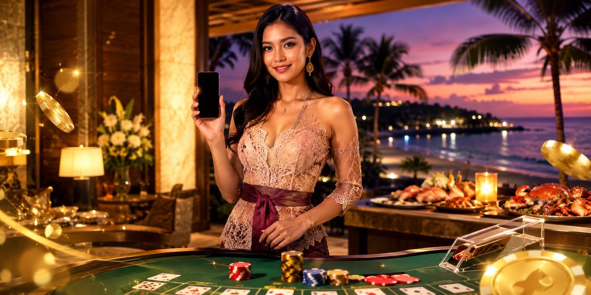 Suasana permainan baccarat mewah di tepi pantai dengan nuansa eksklusif VIP