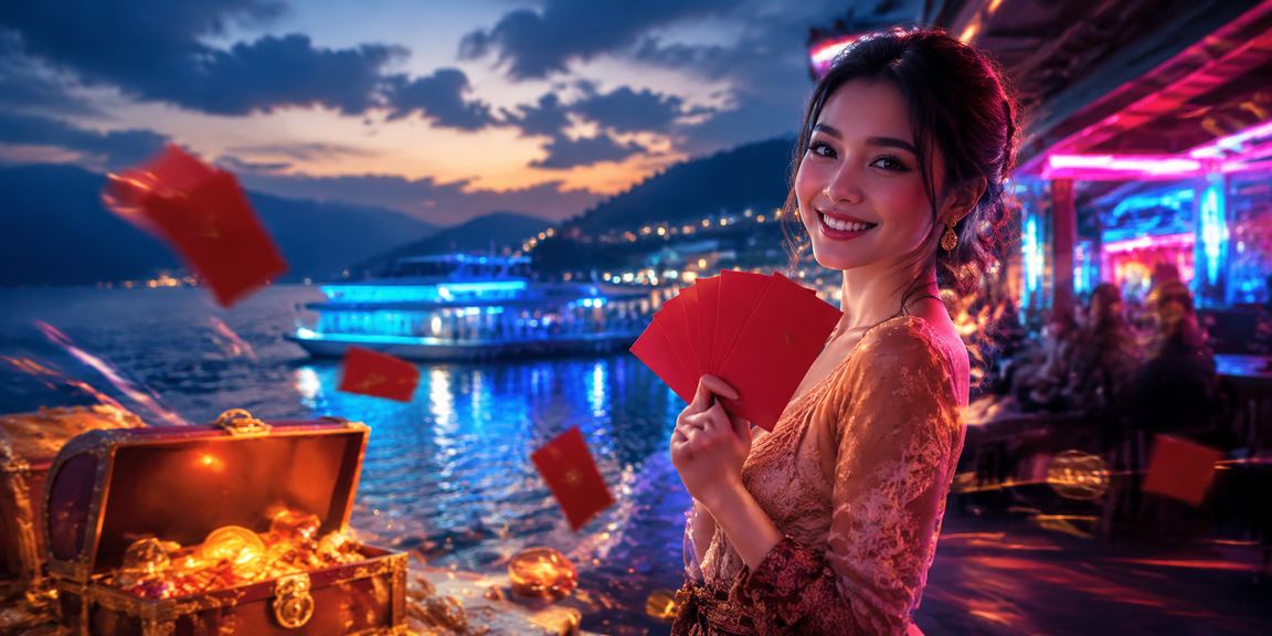 Amplop merah bonus dengan latar cahaya neon warna-warni di malam hari