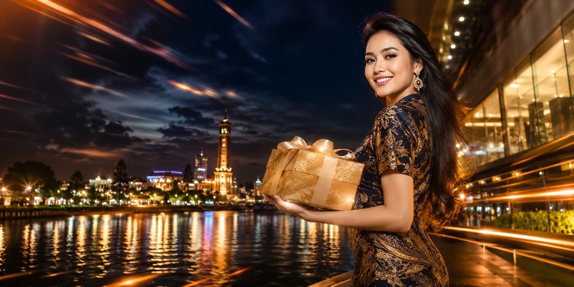 Model Vietnam berpose dengan suasana kasino mewah yang glamor dan penuh cahaya
