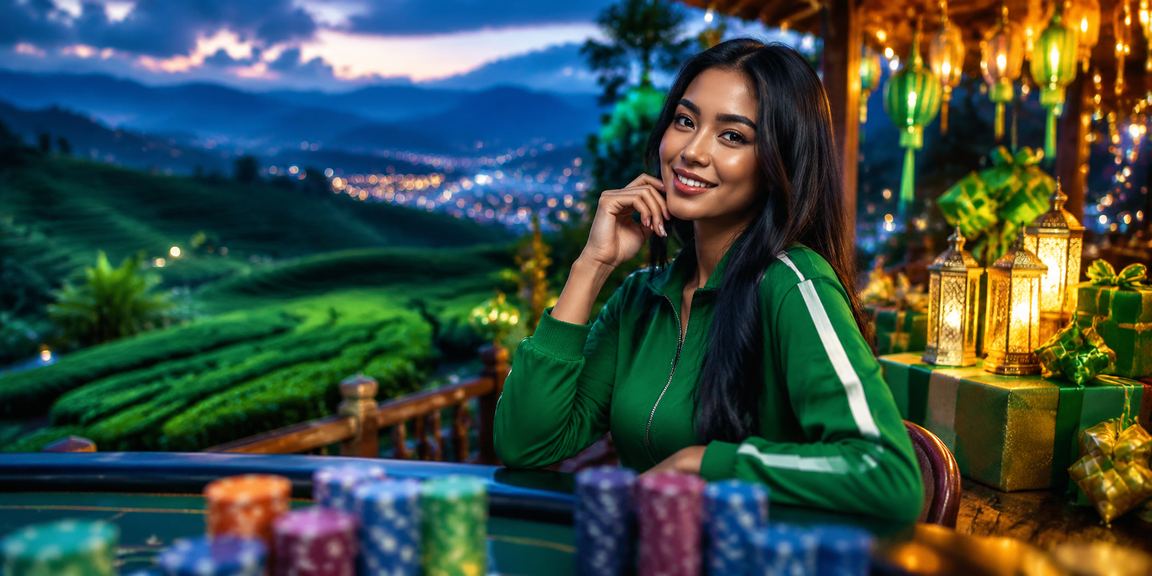 Suasana kasino malam hari dengan lampu neon berwarna-warni yang memukau dan penuh energi